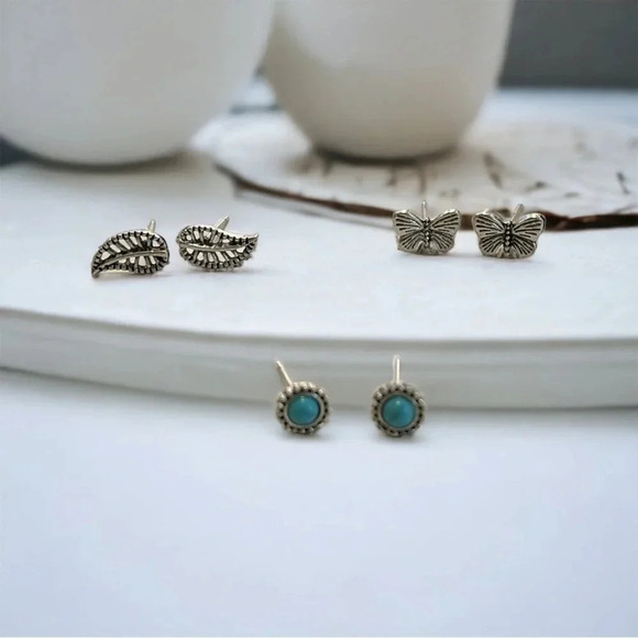 Mini Turquoise Circle & Silver Leaf & Butterfly Stud Earrings - Picture 1 of 8